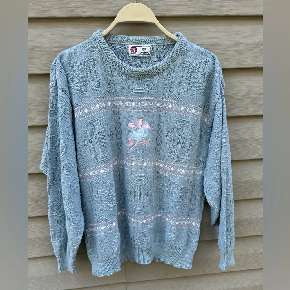 VTG Isle of Cotton grannycore sweater L crochet embroidered coastal grandma 90s